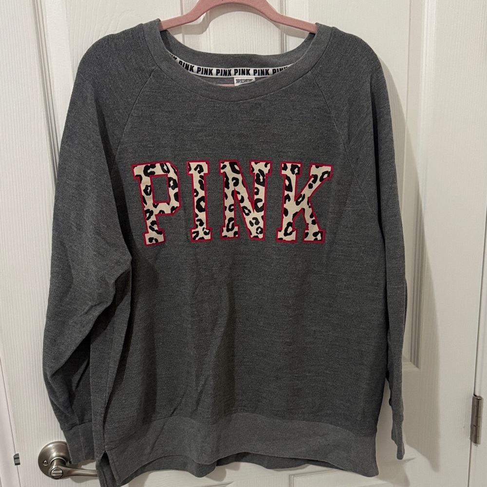 PINK Victoria's Secret Gray Sweatshirt with Leopard Accents